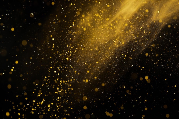 Foto luzes brilhantes de ouro abstratas em fundo preto faíscas de poeira de ouro voam no espaço