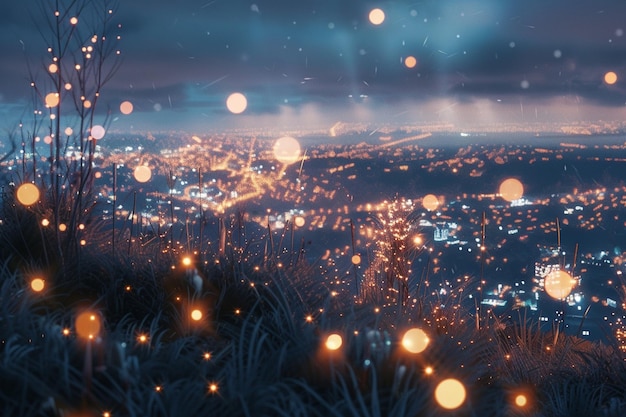 Luzes cintilantes da cidade vistas do topo de uma colina