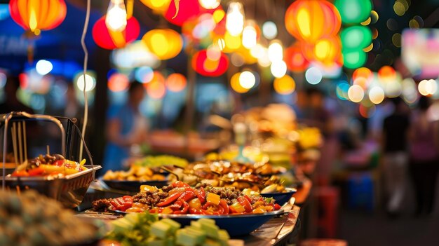 Luzes coloridas desfocadas e silhuetas desfocadas de vendedores ambulantes de comida criando uma