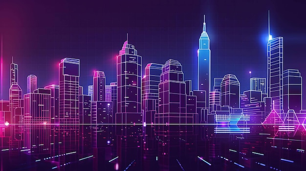 Luzes da cidade à noite Uma ilustração digital de uma paisagem urbana com arranha-céus e luzes brilhantes