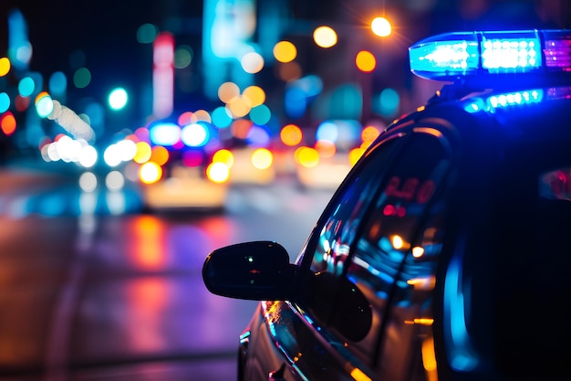 luzes de carro da polícia à noite na rua da cidade com foco seletivo e bokeh