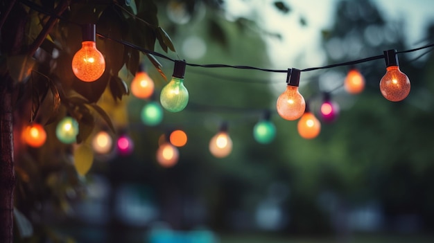 Luzes de corda de festa ao ar livre penduradas no quintal em fundo verde bokeh com espaço de cópia