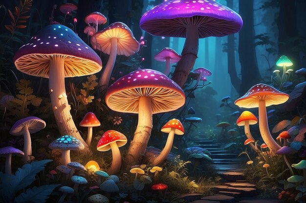 Luzes de cores brilhantes com cogumelos e fungos
