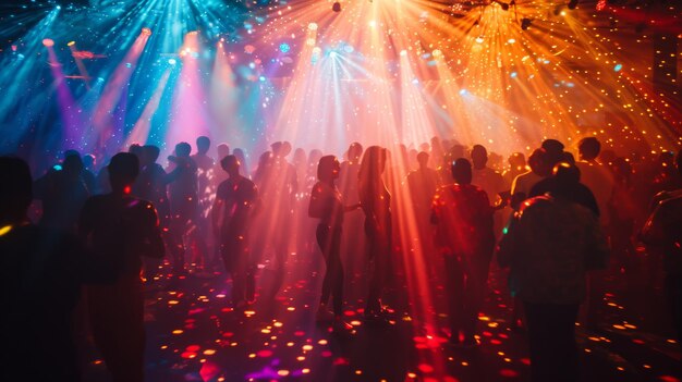 Foto luzes de discoteca brilhantes iluminando uma pista de dança lotada com silhuetas de dançarinos