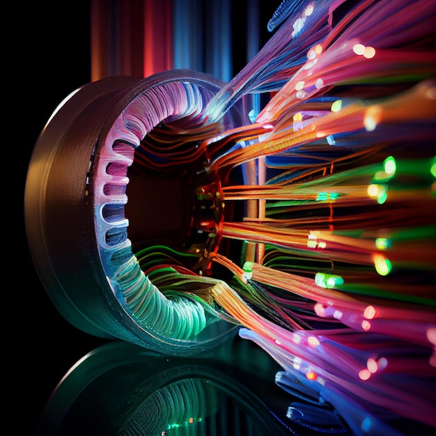 Luzes de fibra óptica abstraem fundo luminoso fibras multicoloridas imagem generativa Ai