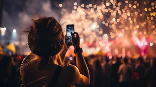 Luzes de fogos de artifício durante o festival de concertos em uma noite na multidão