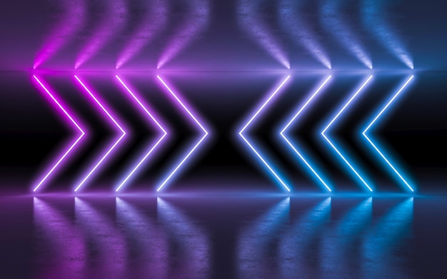 Luzes de incandescência de néon roxas e azuis abstratas do fundo na sala escura vazia com reflexão.