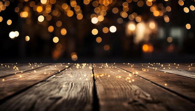 Luzes de Natal brilhantes iluminam uma mesa de madeira rústica na noite escura gerada pela IA
