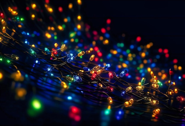 Luzes de natal coloridas amarradas em fundo azul escuro