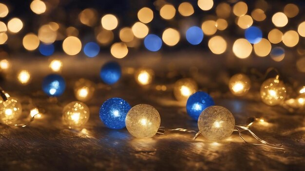 Luzes de Natal douradas e azuis de fundo com bokeh desfocado