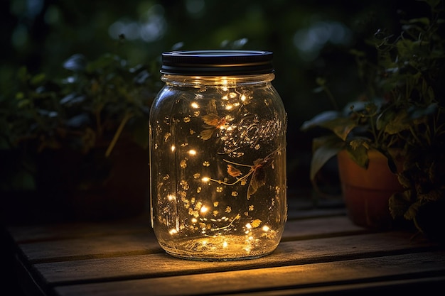 Luzes de Natal em uma jarra de vidro em uma mesa de madeira Estilo vintage