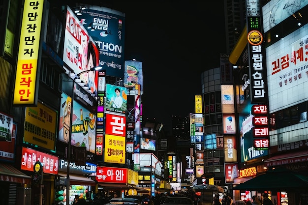 Luzes de néon e sinais lançam um brilho vibrante sobre uma animada rua sul-coreana após o anoitecer