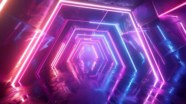 Luzes de néon em rosa e azul criam um túnel abstrato futurista