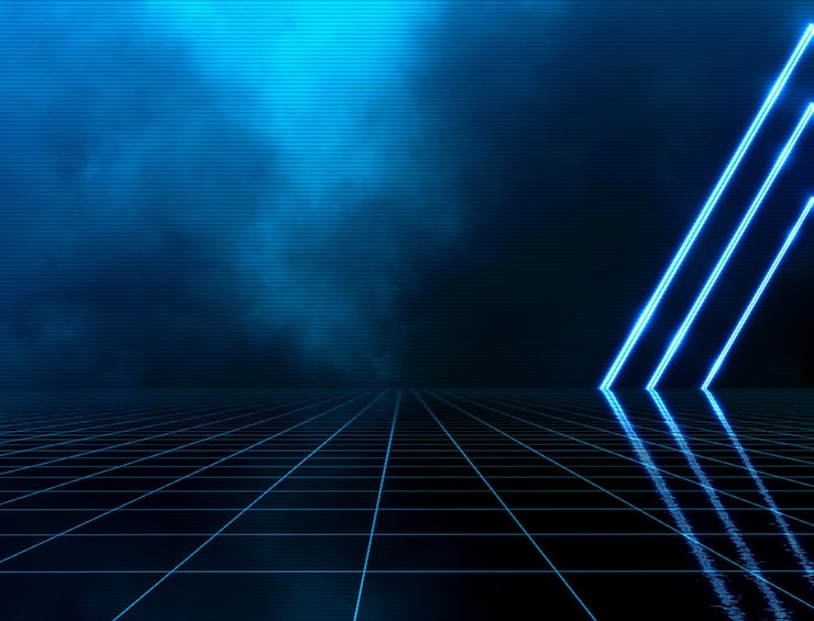 Foto luzes de néon, fundo abstrato, linhas brilhantes, realidade virtual, triangular azul