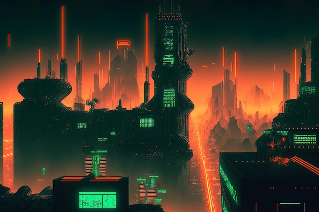 Luzes de néon laranja e verde compõem o horizonte desta cidade cyberpunk Imagem de uma noite