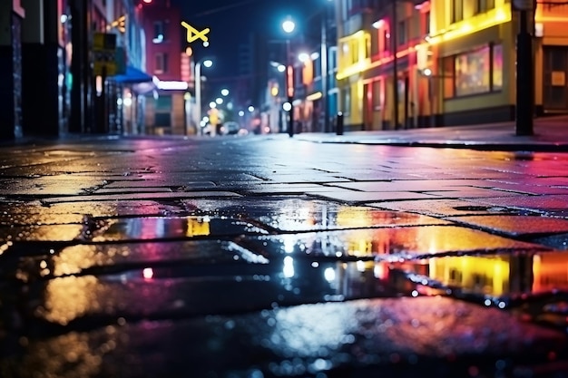 Luzes de néon multicoloridas vibrantes em uma IA generativa reflexiva de uma rua escura da cidade