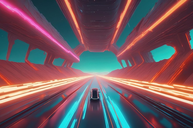 luzes de néon no túnel de ficção científica com linhas de néon e reflexões sobre um fundo com um céu azul 3 d