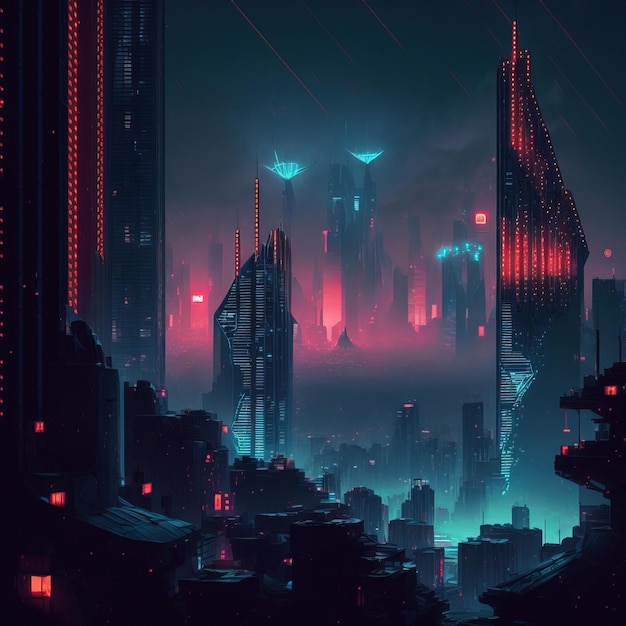 luzes de néon rosa e azul sobre uma cidade cheia de arranha-céus estilo cyberpunk cidade escura com gradiente