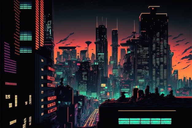 luzes de néon rosa e azul sobre uma cidade cheia de arranha-céus estilo cyberpunk cidade escura com gradiente