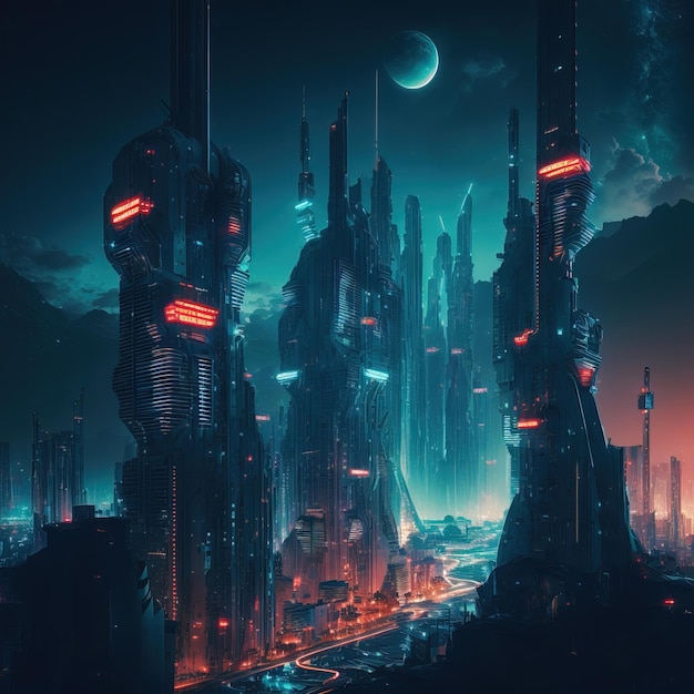 luzes de néon rosa e azul sobre uma cidade cheia de arranha-céus estilo cyberpunk cidade escura com gradiente