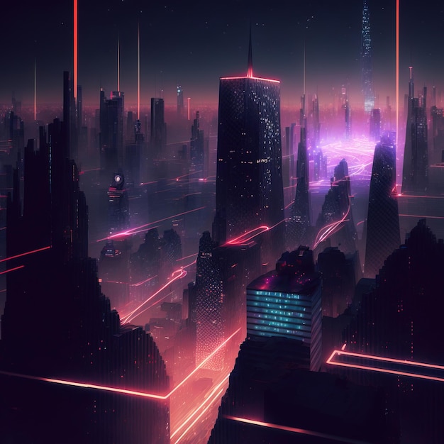 luzes de néon rosa e azul sobre uma cidade cheia de arranha-céus estilo cyberpunk cidade escura com gradiente