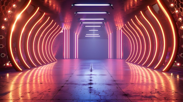 Luzes de néon vermelhas e azuis brilhantes iluminam um túnel futurista As luzes são refletidas no chão brilhante criando uma cena vibrante e dinâmica