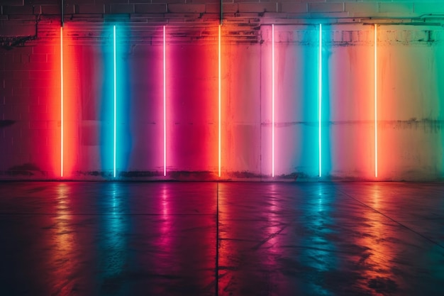 Luzes de néon vibrantes transformam a parede neutra em um cenário festivo e dinâmico com simetria perfeita