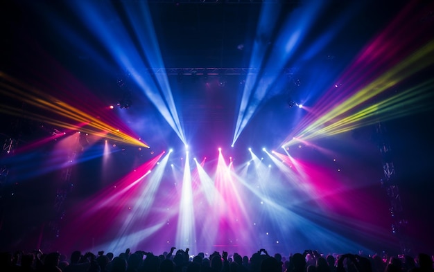 Luzes de palco em equipamentos de iluminação de concertos com feixes multicoloridos