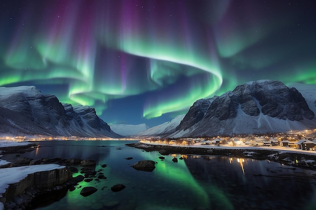 Luzes do Norte acima de fiordes perto de Tromso, Noruega