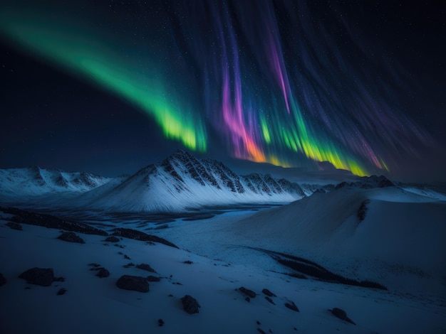 Luzes do norte coloridas sobre ai generative cobertas de neve