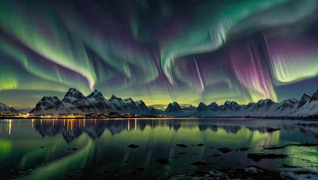 Foto luzes do norte e pico da montanha à noite aurora borealis e silhueta de sozinho g