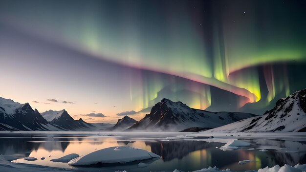 Luzes do norte sobre o lago nas montanhas nevadas do inverno paisagem Aurora boreal papel de parede de fundo