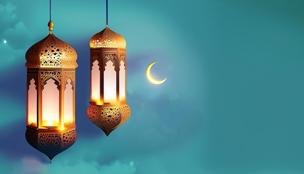 Luzes do Ramadã com uma lua crescente ao fundo