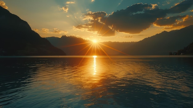 luzes do sol nascente atrás das montanhas perto da água do lago