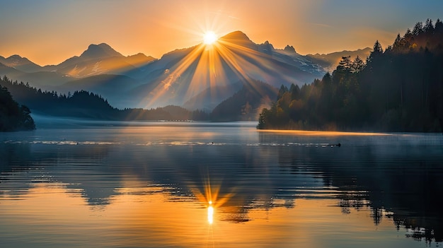 Foto luzes do sol nascente atrás das montanhas perto da água do lago