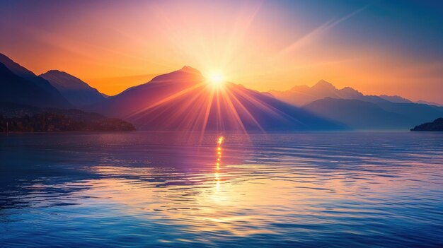 luzes do sol nascente atrás das montanhas perto da água do lago