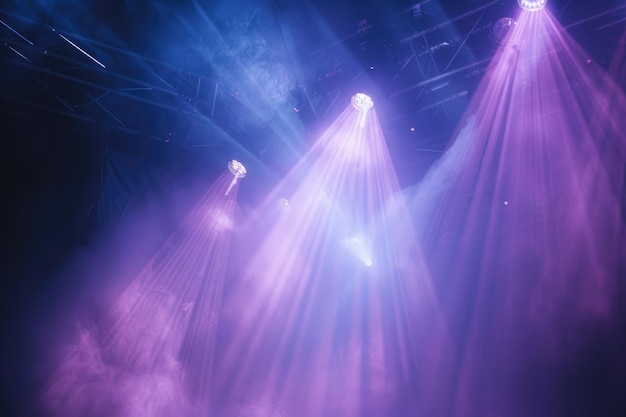 Luzes estroboscópicas criando um efeito impressionante em um concerto no palco em um tom roxo e azul com fumaça