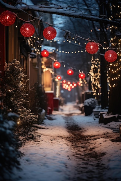 Luzes festivas e decorações em uma rua nevada