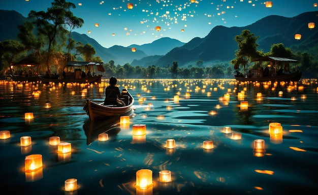 luzes flutuando no lago à noite