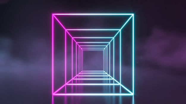Luzes futuristas de néon azul e roxa da Sci Fi brilhando com uma parede de fumaça. Renderização 3D