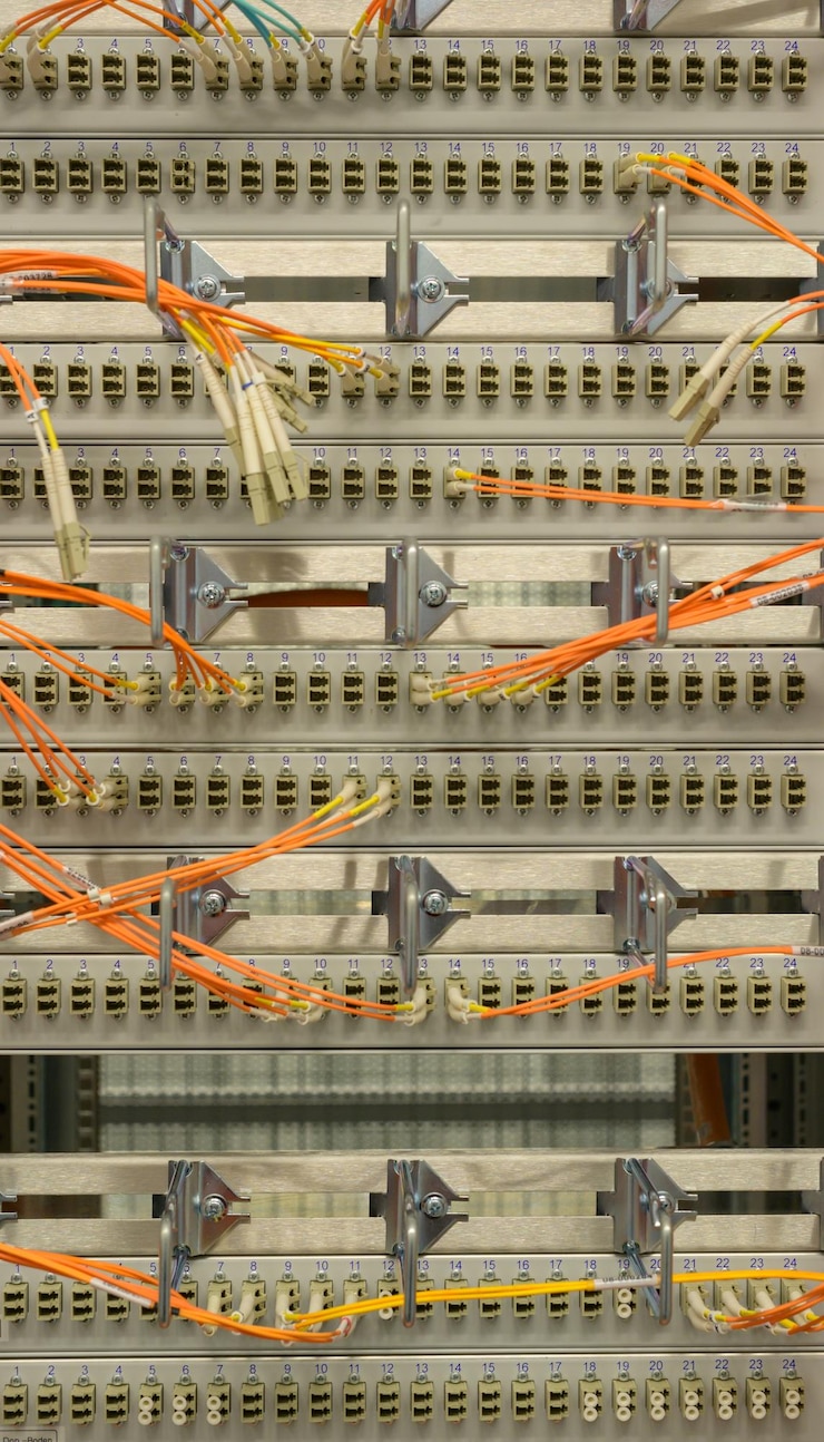 Foto luzes led em um rack de servidor com conectores de cabo rj45 e de fibra óptica em um centro de dados