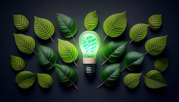 Luzes led modernas com folhas verdes economizando energia Eficiência de energia e ideia de proteção ambiental