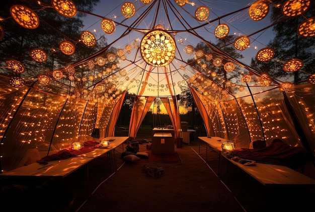 luzes luminosas penduradas numa tenda ao pôr-do-sol
