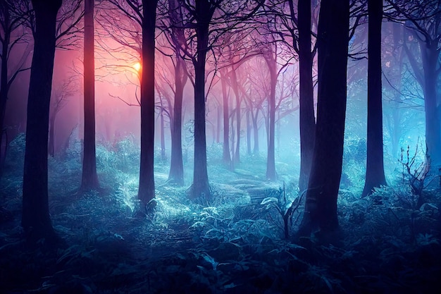 Luzes mágicas na atmosfera de conto de fadas da floresta