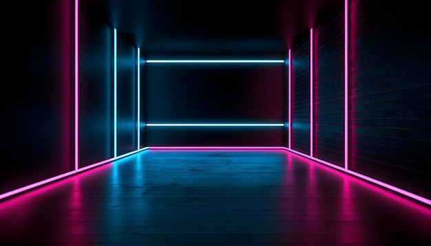 Luzes neon coloridas de palco futurista encena fundo de sala e pano de fundo pódio vazio para exibição de produtos ou apresentações abstrato moderno perfeito para vitrines e projetos modernos renderização em 3D