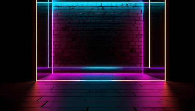 Luzes neon coloridas de palco futurista encena fundo de sala e pano de fundo pódio vazio para exibição de produtos ou apresentações abstrato moderno perfeito para vitrines e projetos modernos renderização em 3D