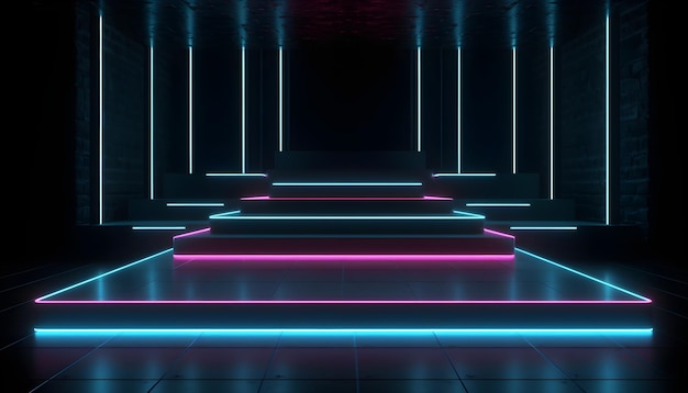 Luzes neon coloridas de palco futurista encena fundo de sala e pano de fundo pódio vazio para exibição de produtos ou apresentações abstrato moderno perfeito para vitrines e projetos modernos renderização em 3D