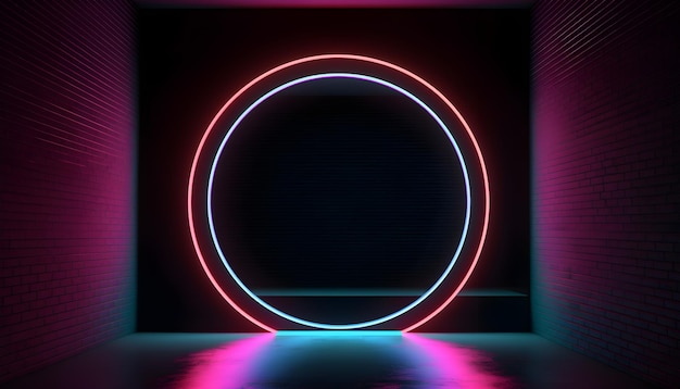 Luzes neon coloridas de palco futurista encena fundo de sala e pano de fundo pódio vazio para exibição de produtos ou apresentações abstrato moderno perfeito para vitrines e projetos modernos renderização em 3D