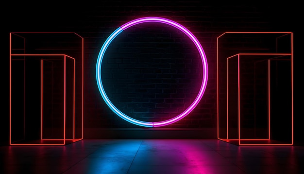 Luzes neon coloridas de palco futurista encena fundo de sala e pano de fundo pódio vazio para exibição de produtos ou apresentações abstrato moderno perfeito para vitrines e projetos modernos renderização em 3D