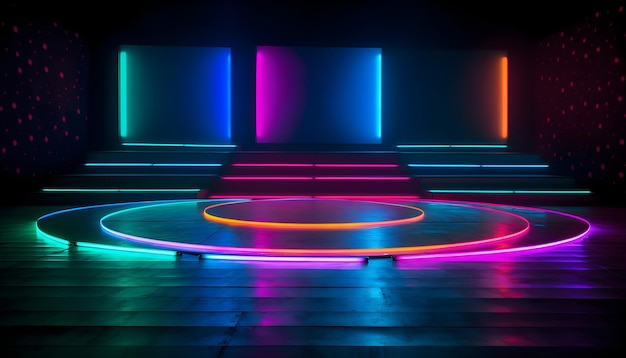 Luzes neon coloridas de palco futurista encena fundo de sala e pano de fundo pódio vazio para exibição de produtos ou apresentações abstrato moderno perfeito para vitrines e projetos modernos renderização em 3D